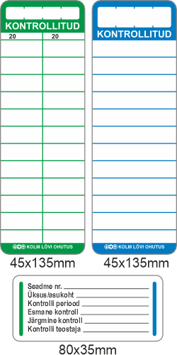 Universaalne seadme kontrollkleebis 45x135mm, inventariseerimise kleebis 80x35mm. 12 lahtriga versioon, 24 lahtriga versioon. Seadeldise, paigaldise kontrollkleebis