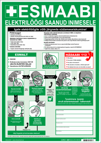 Esmaabiplakat "Esmaabi elektrilöögi saanud inimesele" eesti, vene ja inglise keeles