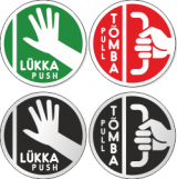 Lükka-tõmba kleebised käekujutisega ø93mm komplektis 2tk (värvivalik must hõbedane või puna/roheline)