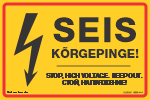 Seis kõrgepinge! (300x200mm KAITSEKILEGA). Kolmekeelne elektriohutusmärgis. Elektrioht (24114). 