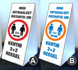Põrandamärk "Hoia sotsiaalset distantsi. Kehtib 2+2 reegel" A või B-suurus. Põrandapüstak. UU2023